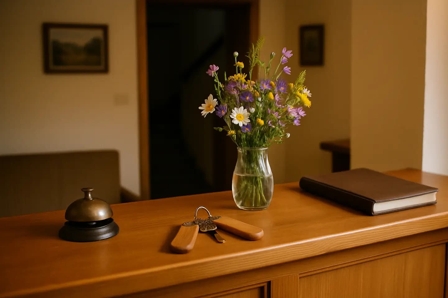 Recepce malého penzionu se zvonkem, klíči a knihou