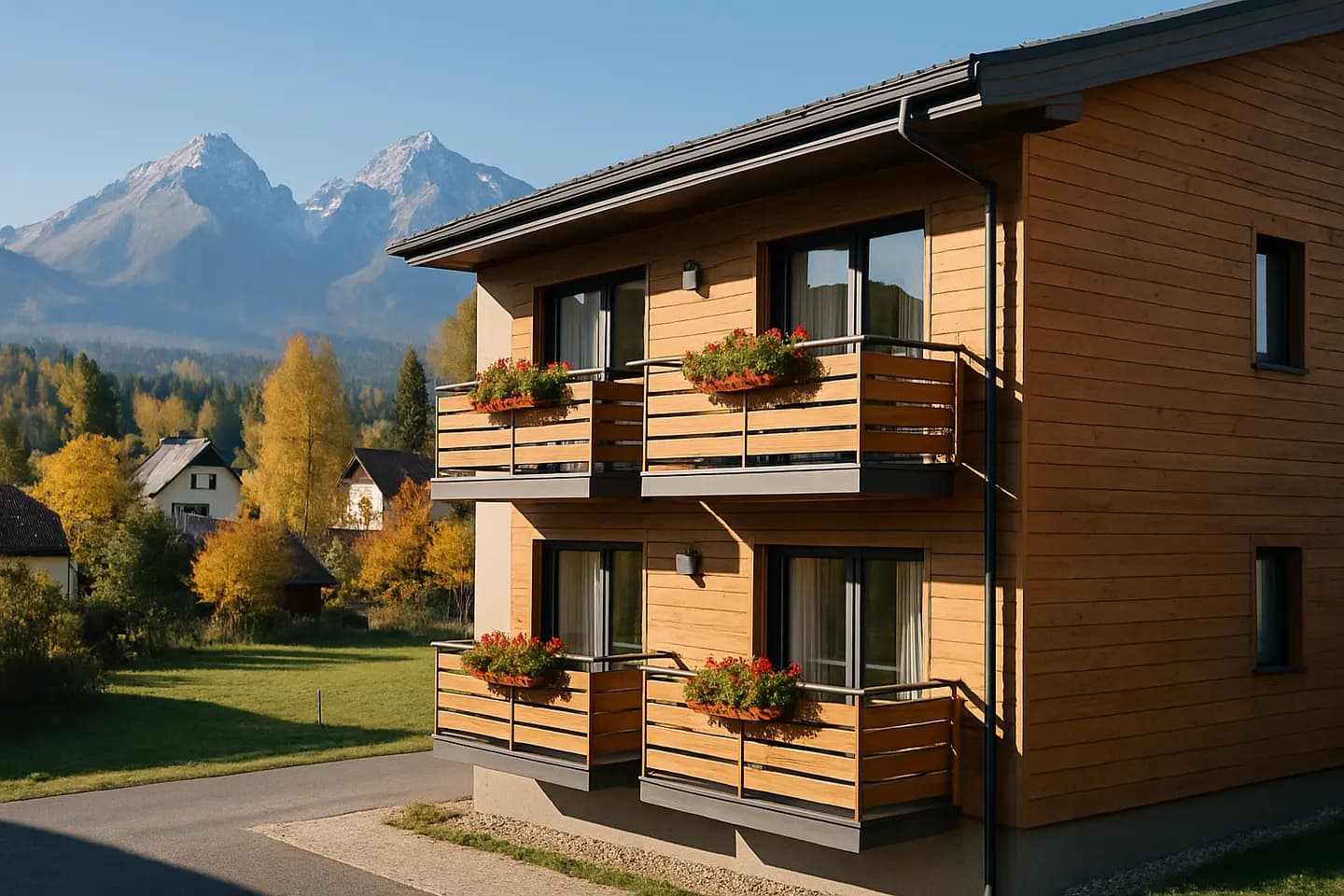 Apartmánový dům s dřevěnými balkony v horské obci