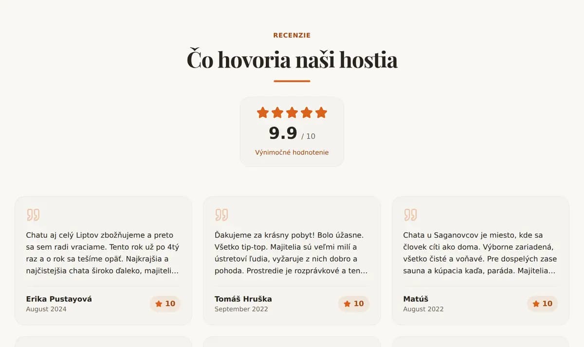 Část webu Chaty Sagan