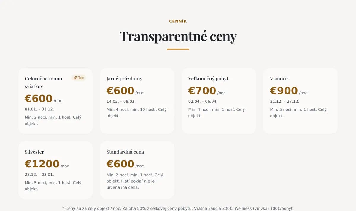 Ceník na webu Zrubu nad Krpáčovom